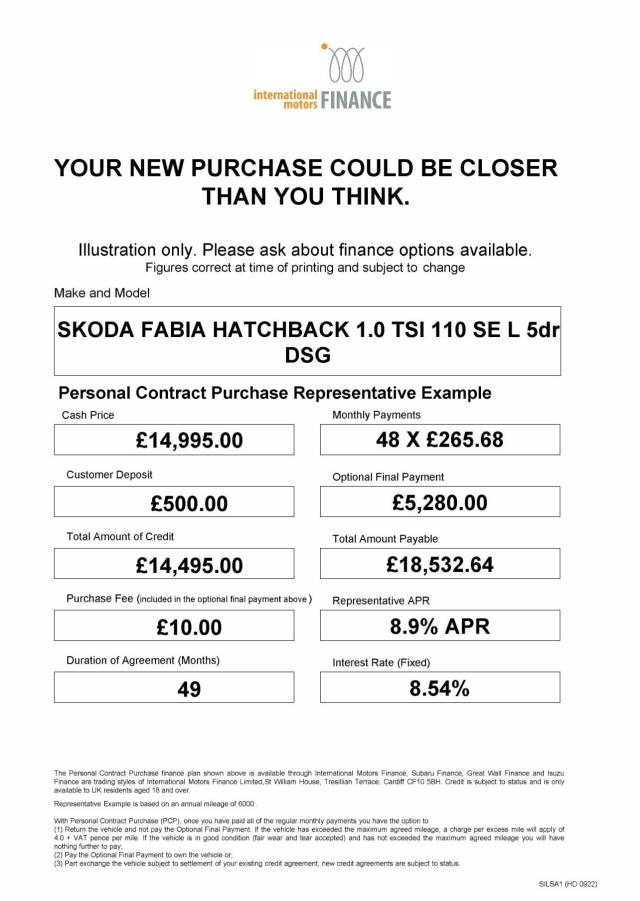 2022 Skoda Fabia 1.0 TSI 110 SE L 5dr DSG