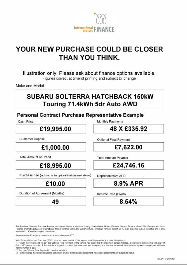 2023 Subaru Solterra 0.0 71.4kWh Touring SUV 5dr Electric Auto AWD (218 ps)